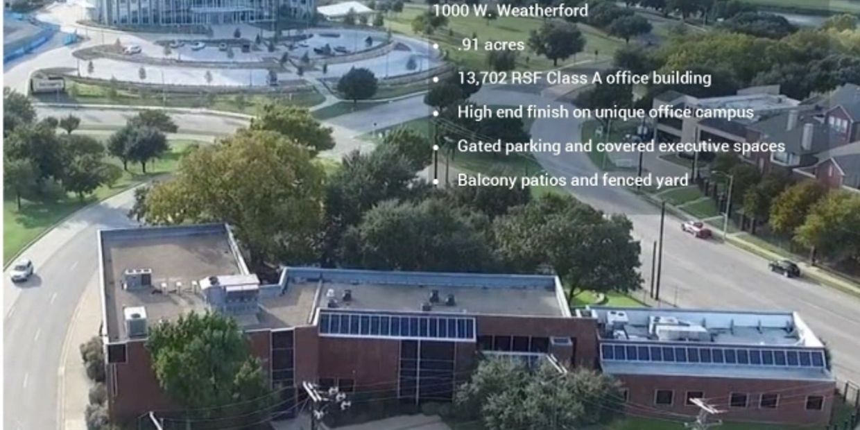 Aerial view of 1000 W. Weatherford office campus with key property details overlay.