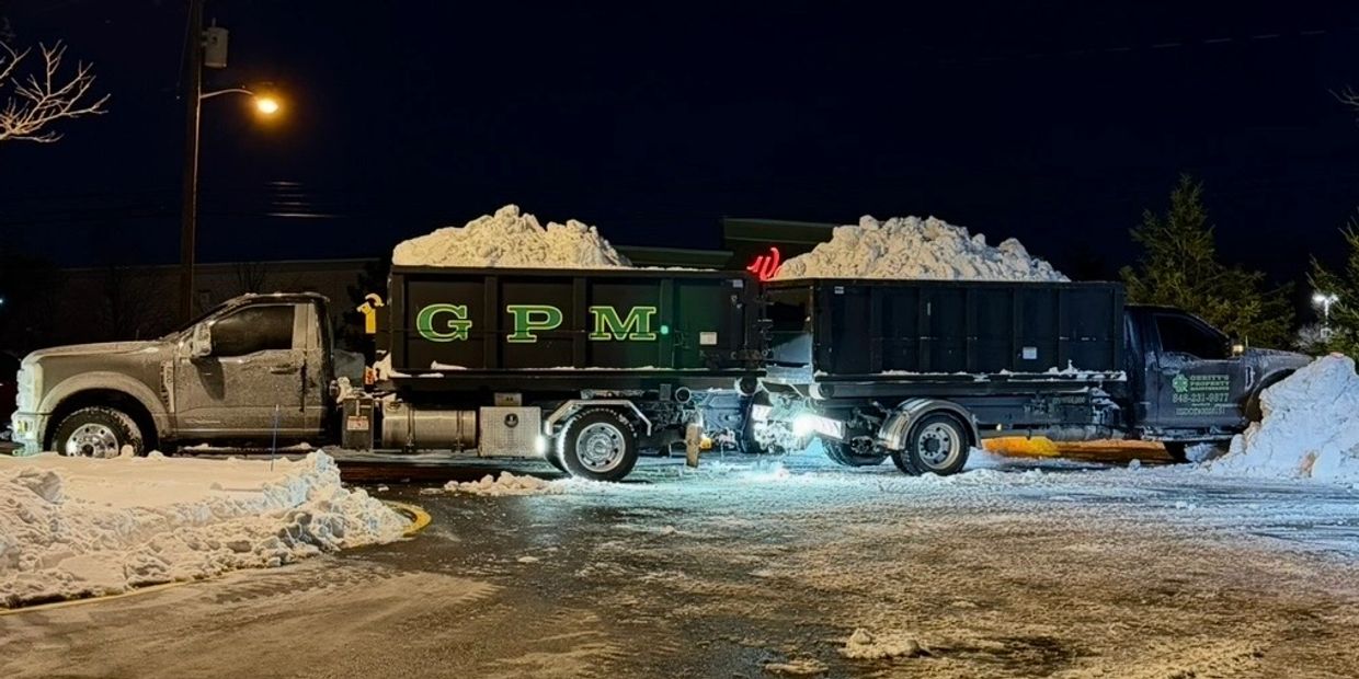 Two trucks carrying snow at night.