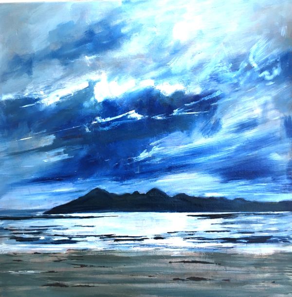 Abstract painting with blue and white tones depicting a dynamic sky and dark silhouette landscape.