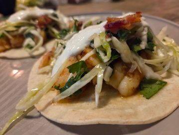 Shrimp Tacos with Bacon Lime Slaw