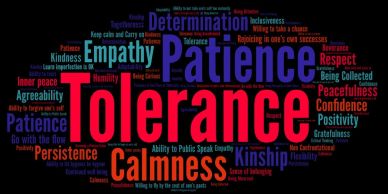 Word cloud emphasizing tolerance and related qualities.