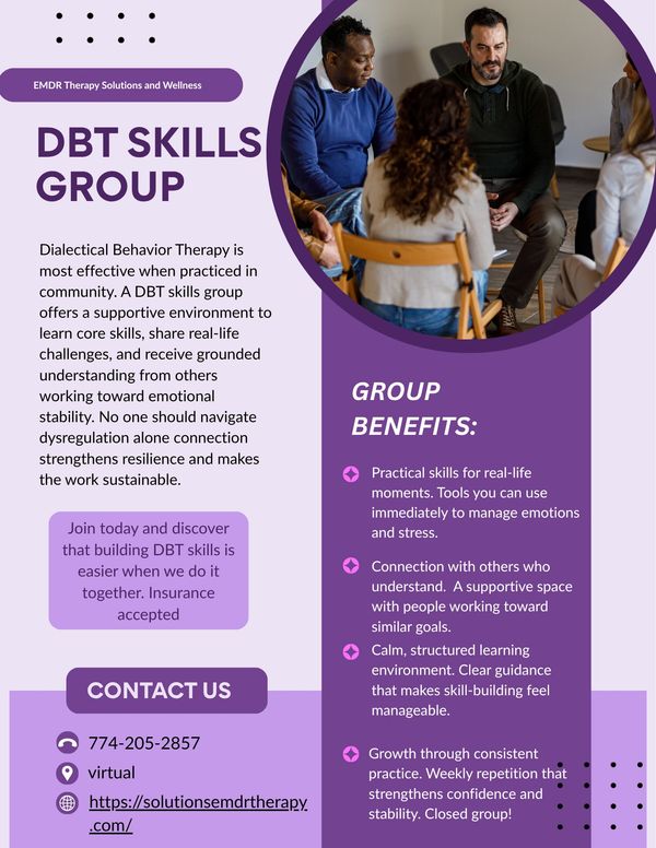 Supportive DBT skills group for emotional stability and growth.