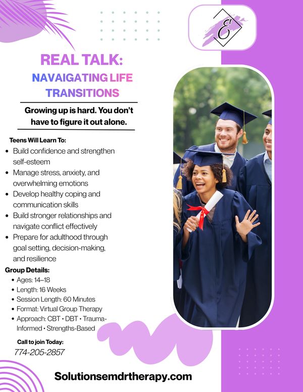 Flyer promoting virtual group therapy for teens navigating life transitions.