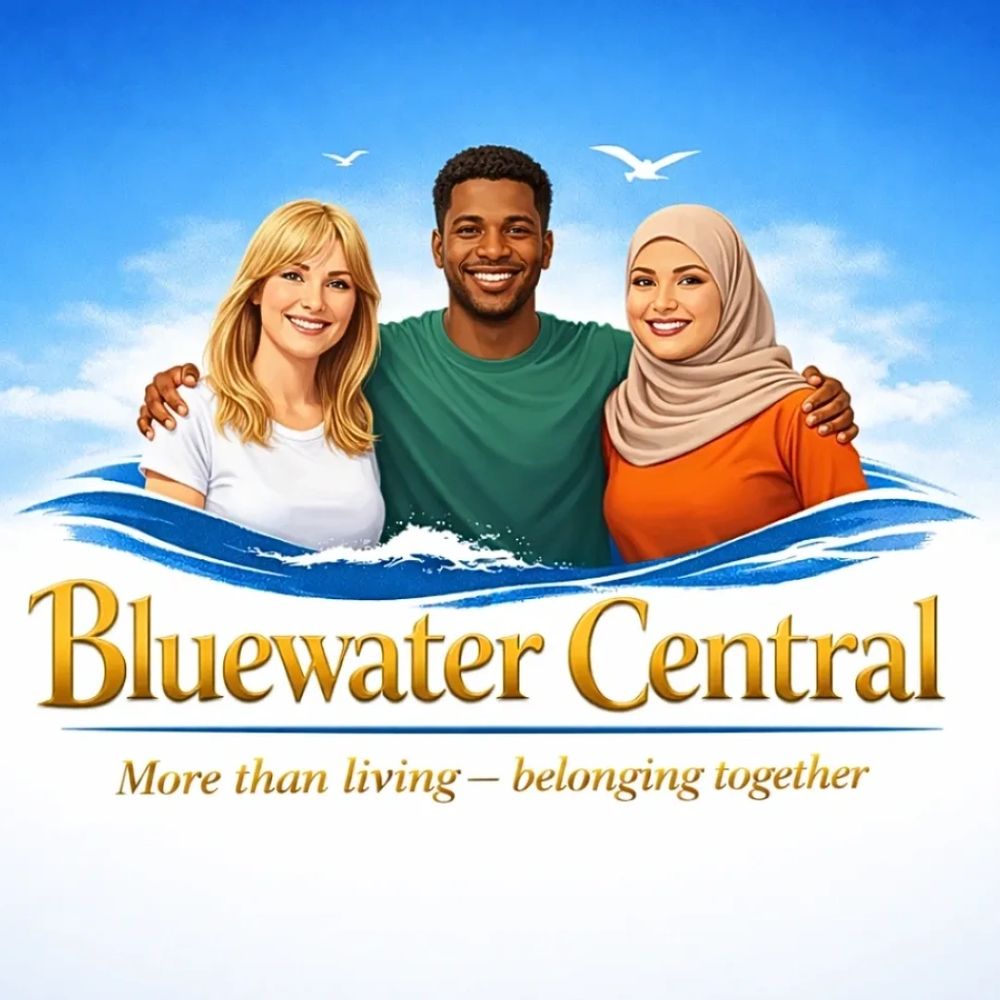 Diverse group smiling under Bluewater Central logo with tagline about belonging.