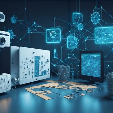 Futuristic digital network connecting various devices and data points.