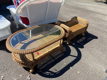 Walnut color oval coffee table with glass top.  Special Sale: $99.00
Walnut Ottoman: $99.00