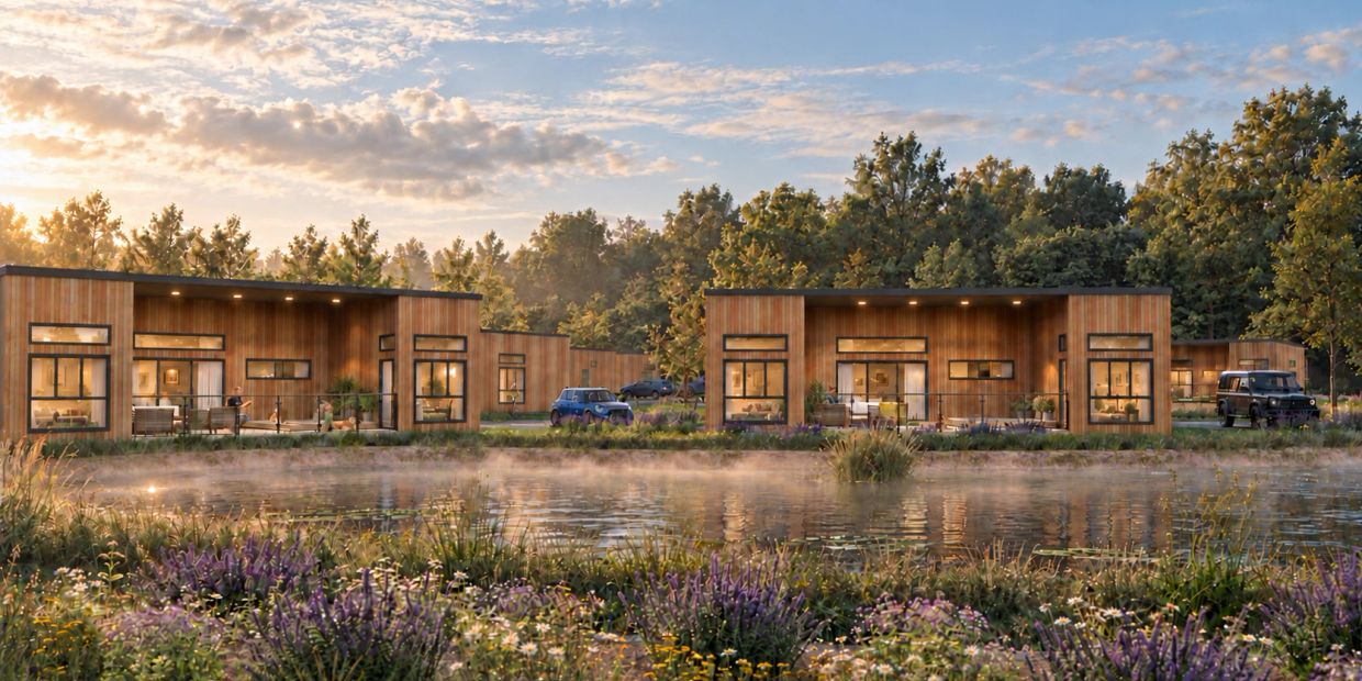 Modern wooden houses by a serene pond at sunset.