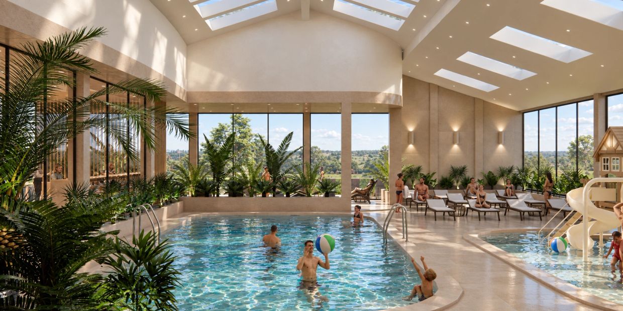Indoor pool area with large windows and people enjoying the water.