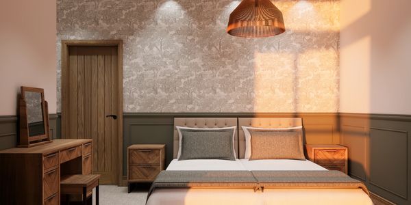 Cozy bedroom with wooden furniture and warm lighting.