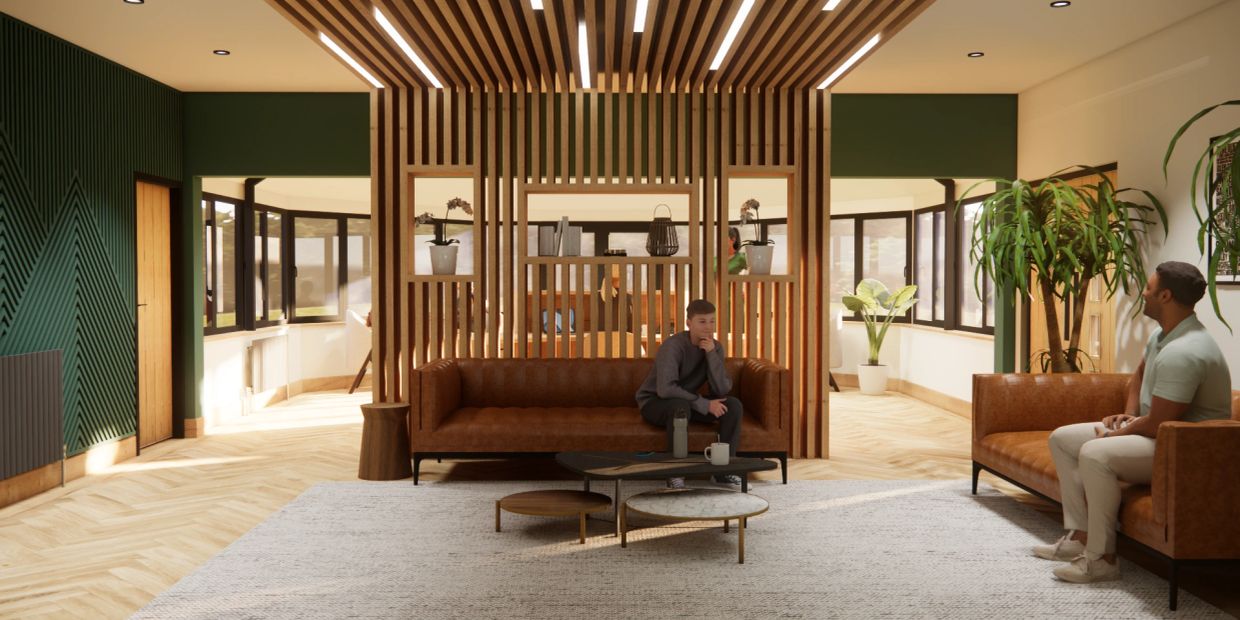 Modern lounge area with brown couches and wooden accents.