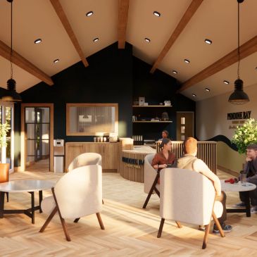 Modern coffee shop interior with customers and warm lighting.