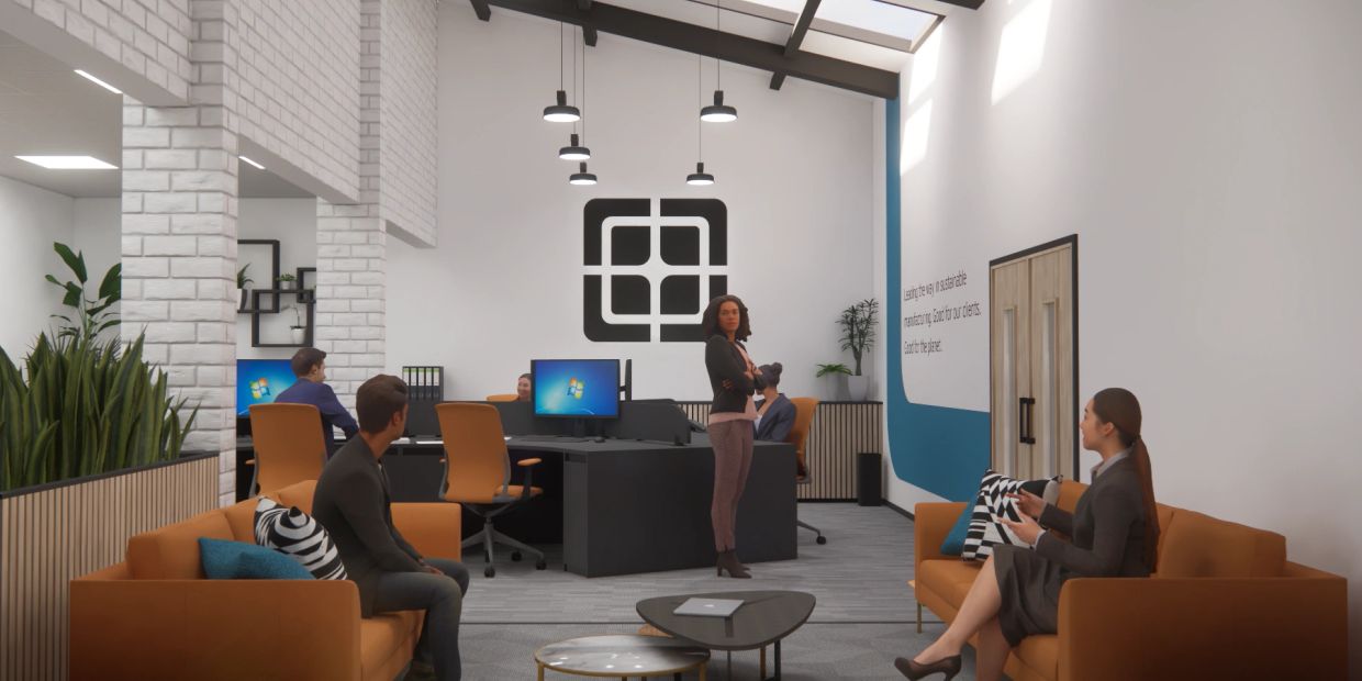 Modern office space with people having a discussion.