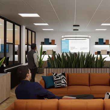 Modern office lounge with people and a presentation screen.