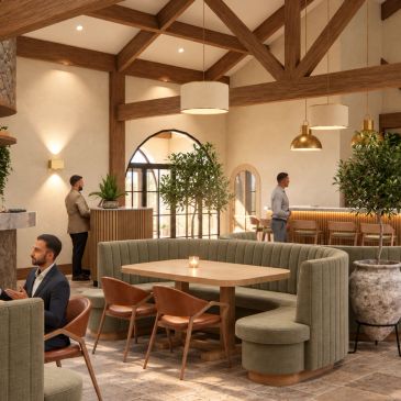 3D visualisation of a farmhouse restaurant interior with a curved bar, exposed timber beams, stone f