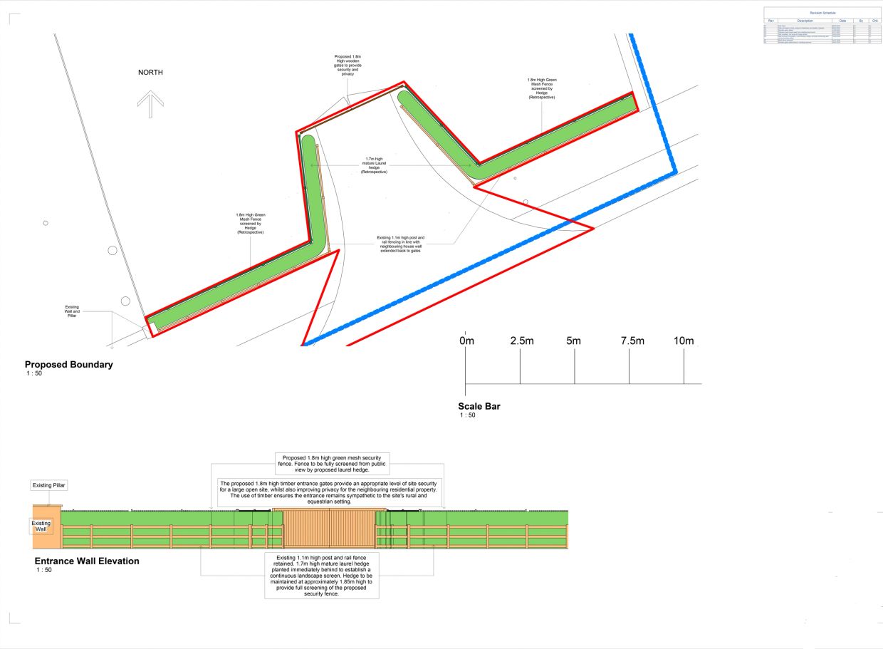 Architectural plan showing proposed boundary and entrance wall elevation.