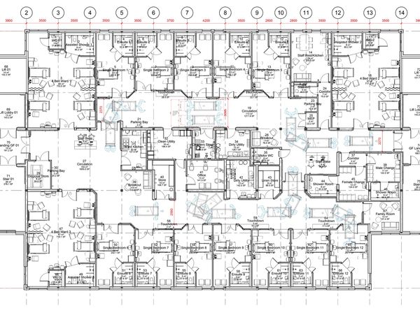 Detailed architectural floor plan of a multi-room facility.
