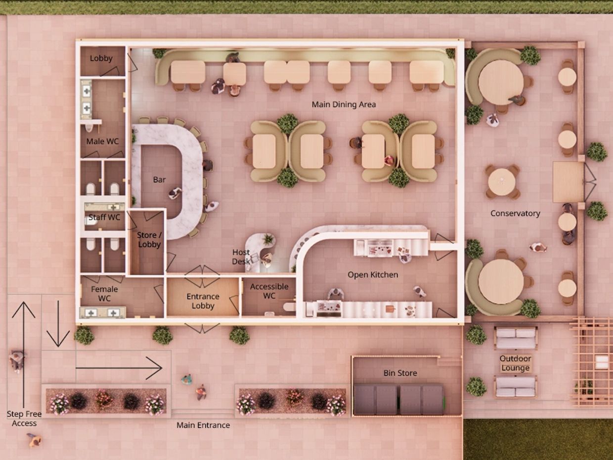 Floor plan of a restaurant with dining areas, kitchen, and restrooms.