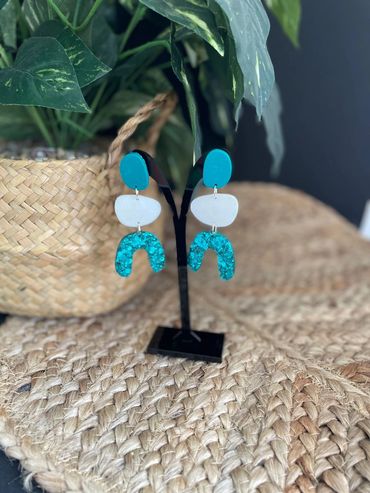 Blue white abstract dangle earrings