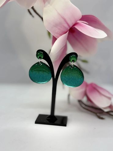 Teal green sparkly circle earrings