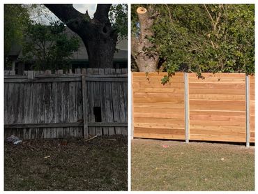 Before and After collage with old vertical fence on the left and new horizontal fence on the right.