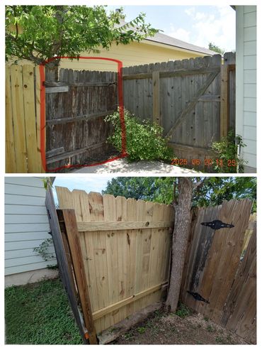 Before and After collage of ~5 foot fence segment replacement.