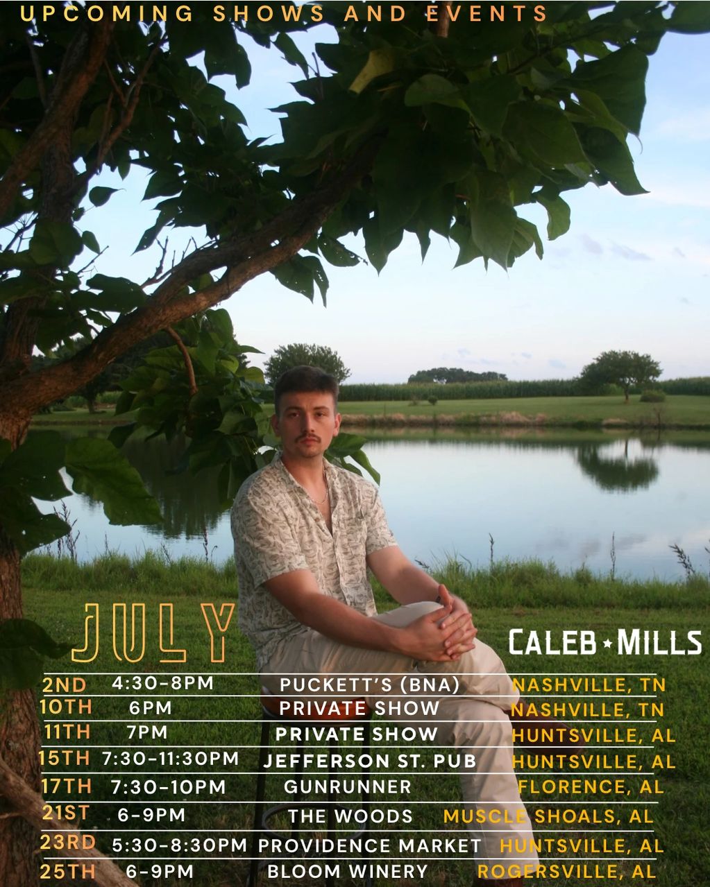 Upcoming July shows and events for Caleb Mills.