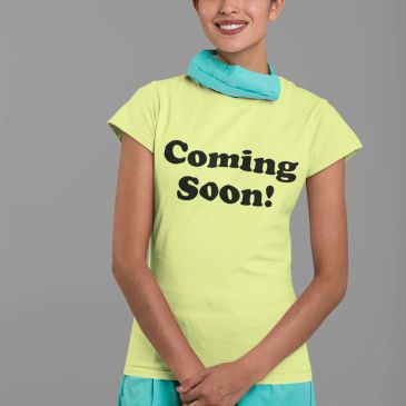 A woman wearing a yellow shirt with 'Coming Soon!' text.
