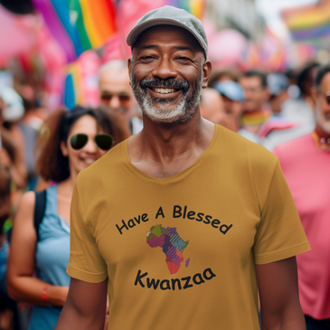 African American man at a parade wearing a Have a Blessed Kwanza T-Shirt.