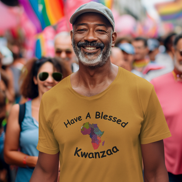 African American man wearing Have a Blessed Kwanza T Shirt.