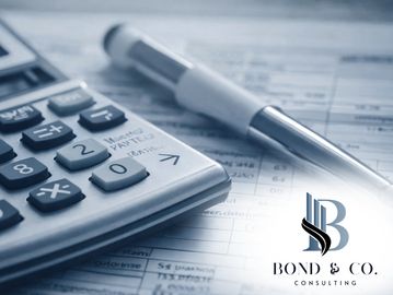 Calculator and pen on financial documents with Bond & Co. Consulting logo.