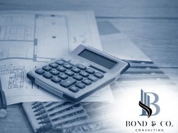 Calculator on architectural plans with Bond & Co. Consulting logo.