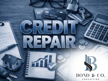 Workspace with credit repair theme, financial tools, and Bond & Co. Consulting logo.