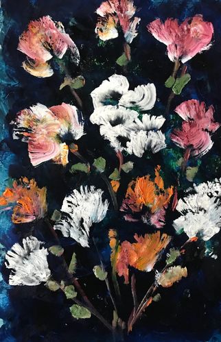 Impressionistic floral painting with vibrant white, pink, and orange flowers on a dark background.