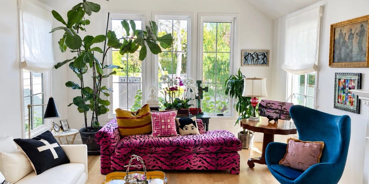 Colorful and cozy living room with vibrant furniture and lots of natural light.