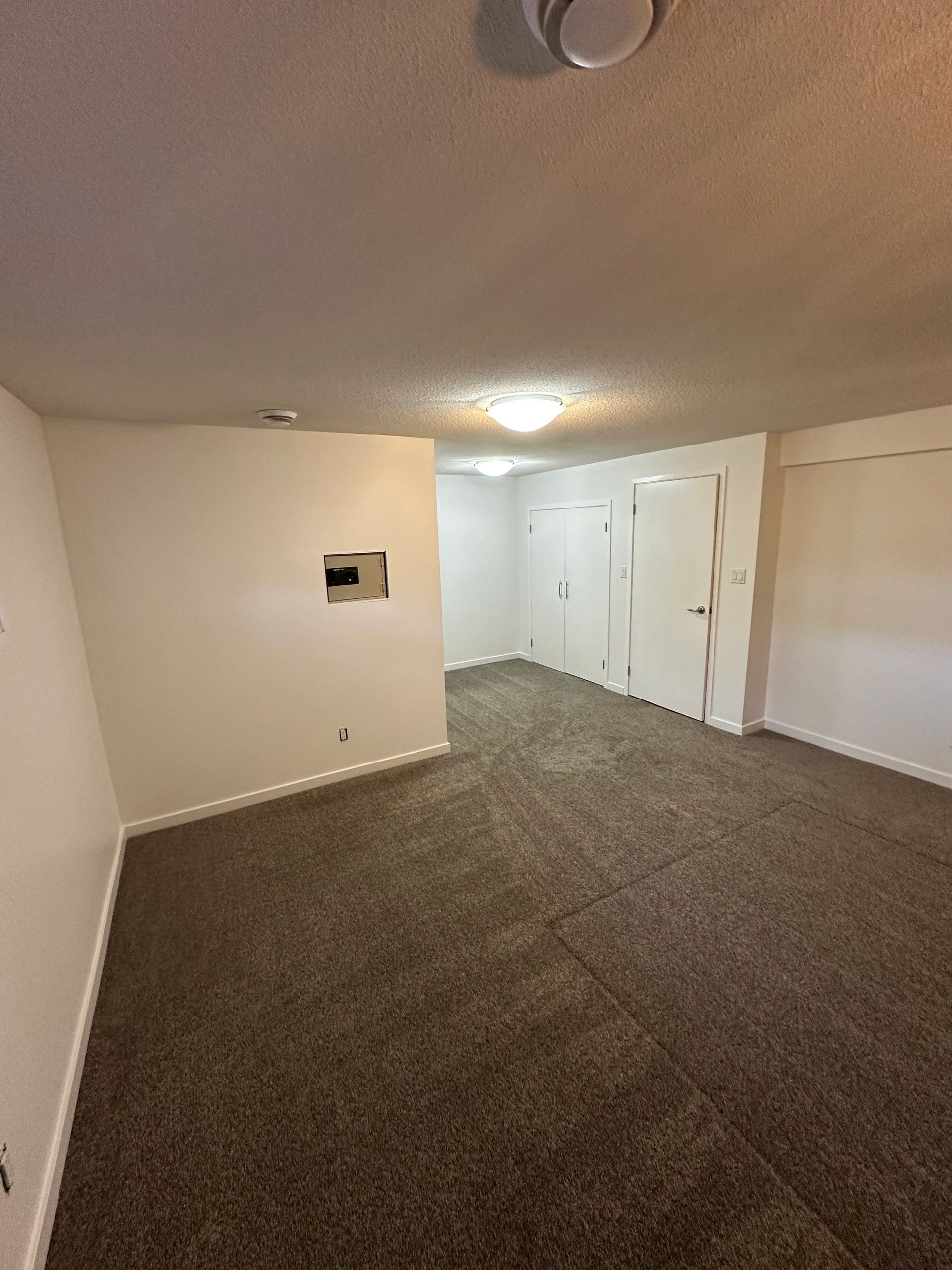 Empty room with carpet, white walls, and ceiling lights.