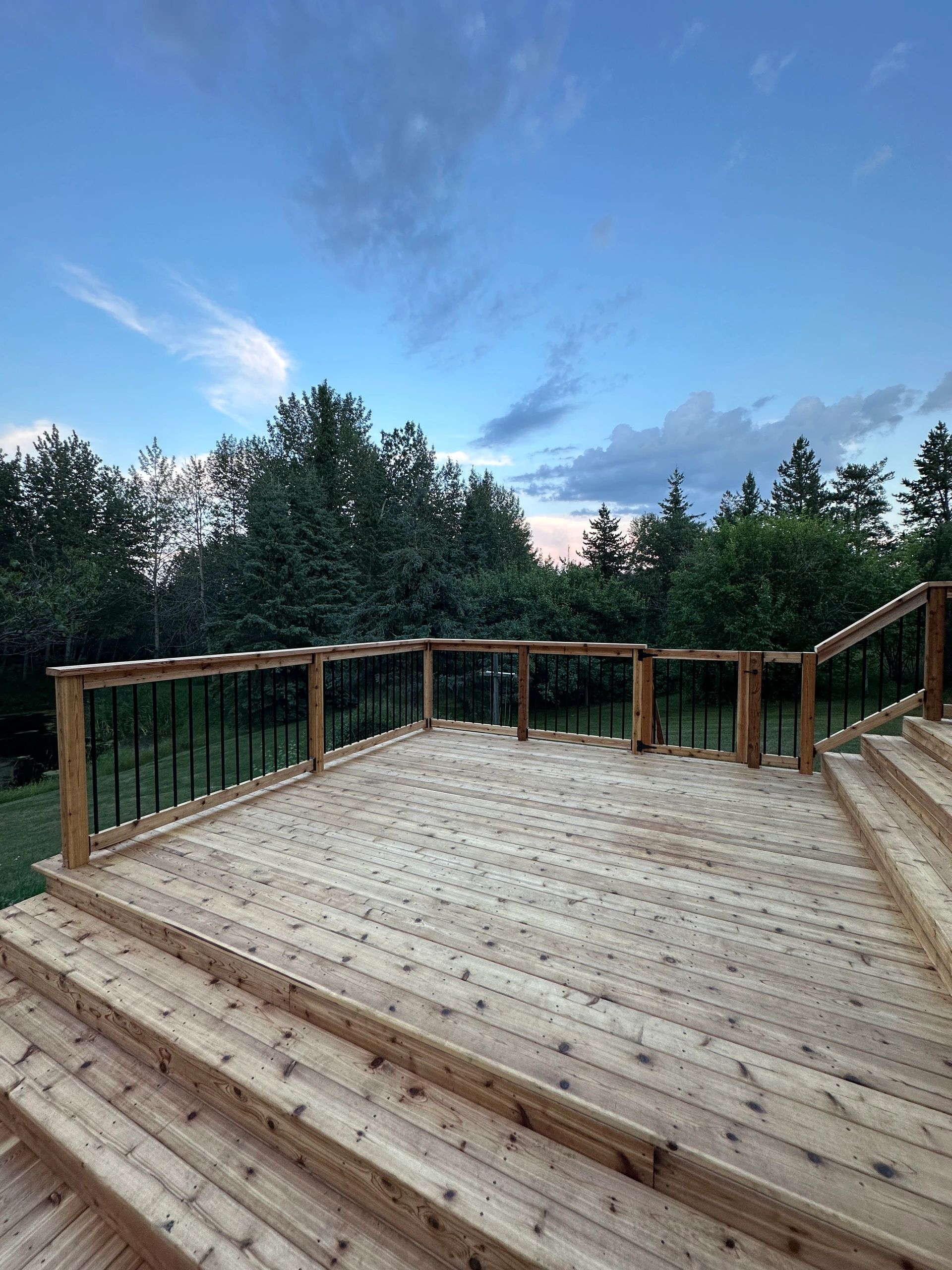A wooden deck overlooking green trees under a blue sky with clouds.
