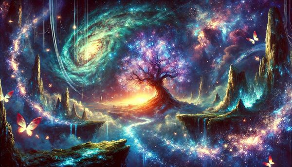 Beautiful fantasy naturescape with a vibrant nebula and galaxy in the background