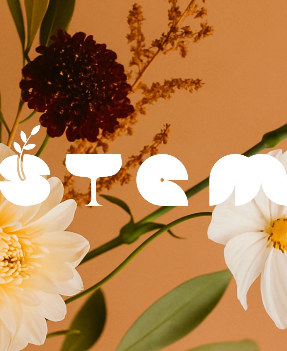 White and dark flowers with stylized white text on a warm brown background.