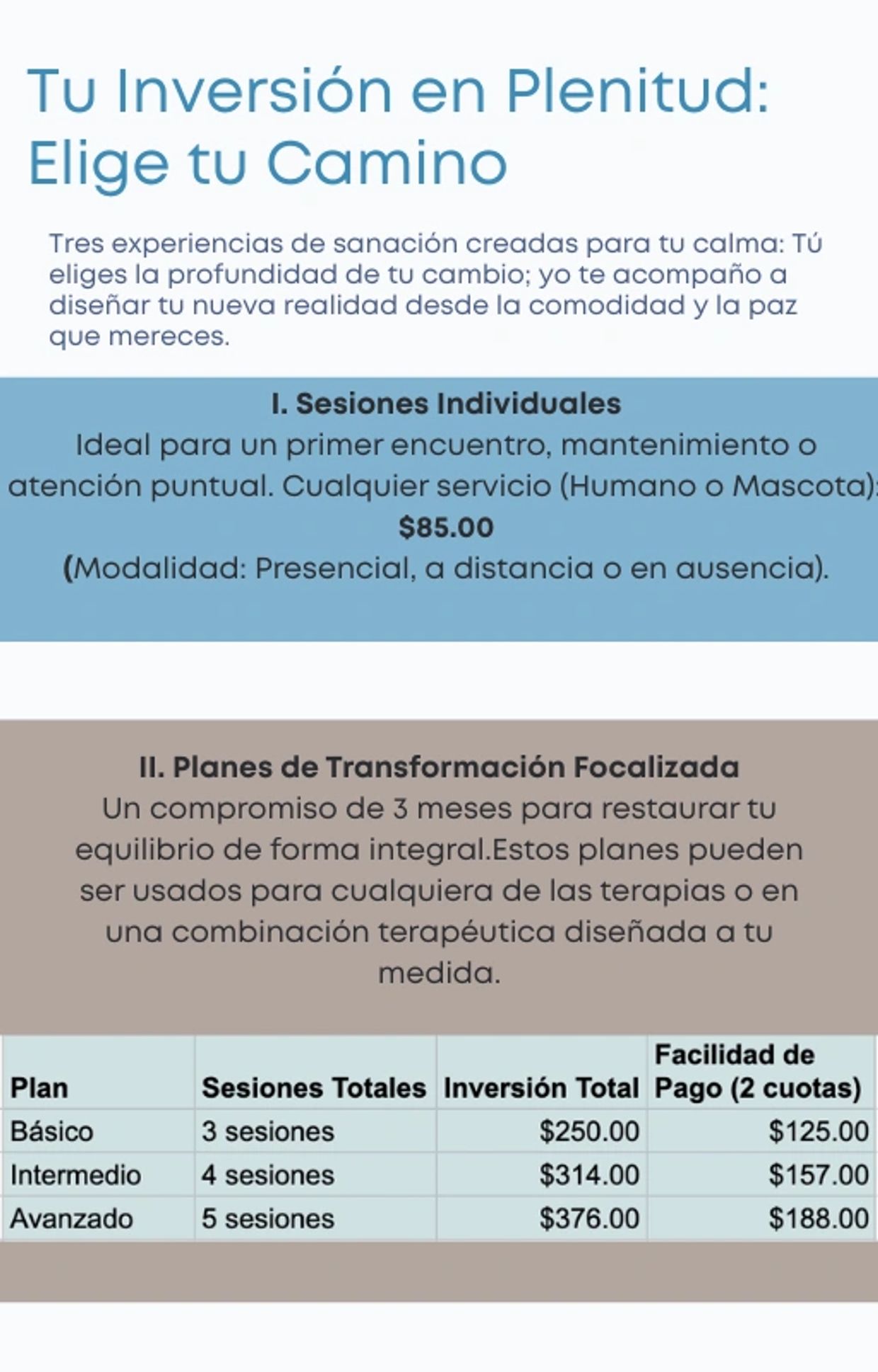 Tabla de planes de sesiones individuales y de transformación focalizada para bienestar.