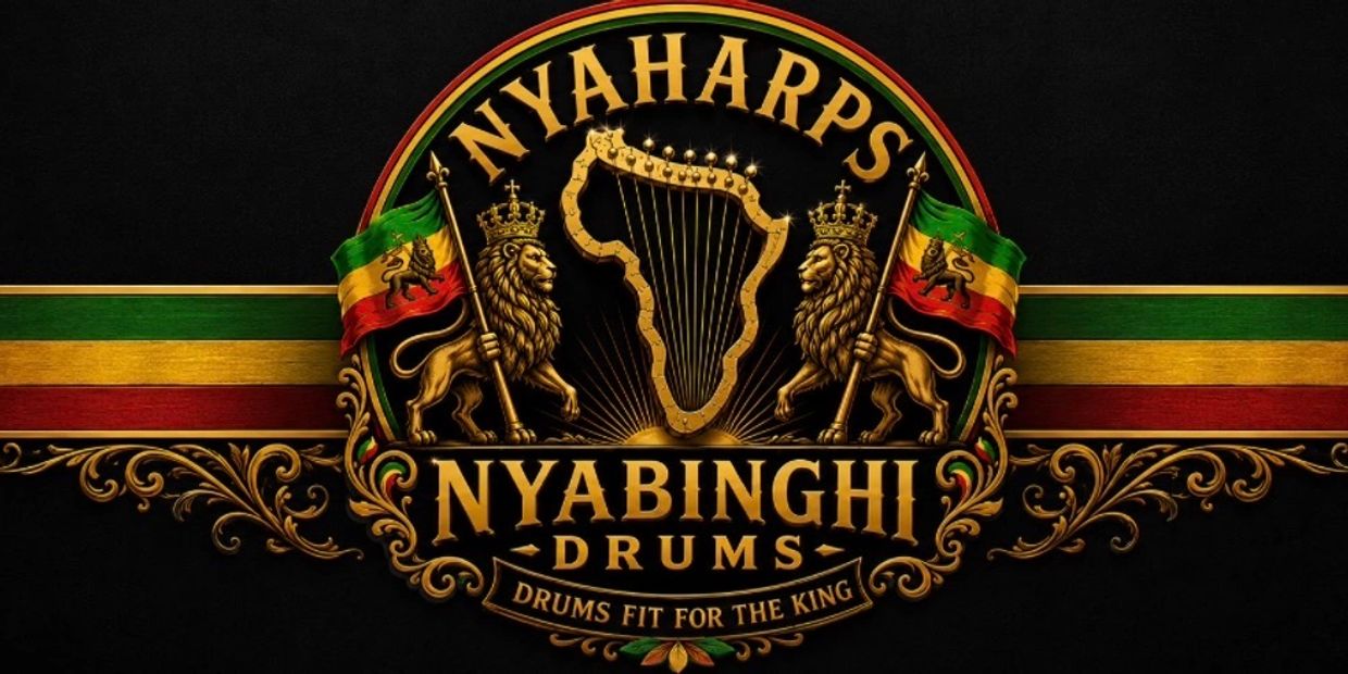 Ornate logo with African harp, lions, and flags representing Nyabinghi drums.
