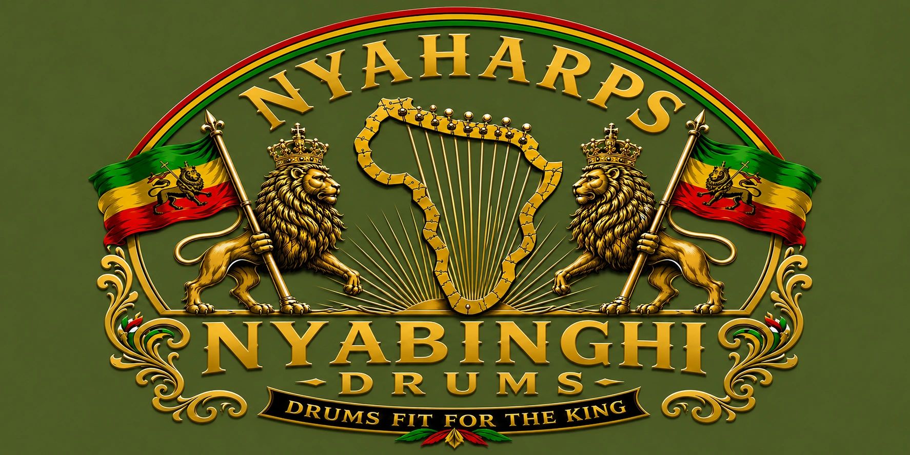Golden emblem with lions, African harp, and flags symbolizing Nyabinghi drums.
