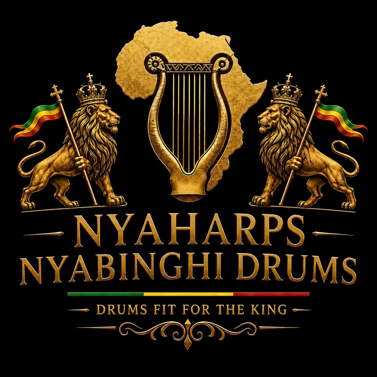 Golden lions flank a harp and African map, symbolizing Nyabinghi drumming tradition.