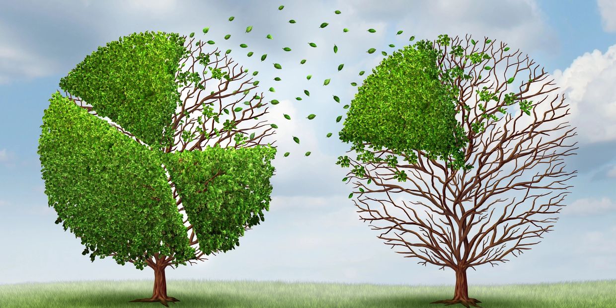 Two trees exchanging green leaves, one with leaves shaped like a pie chart.
