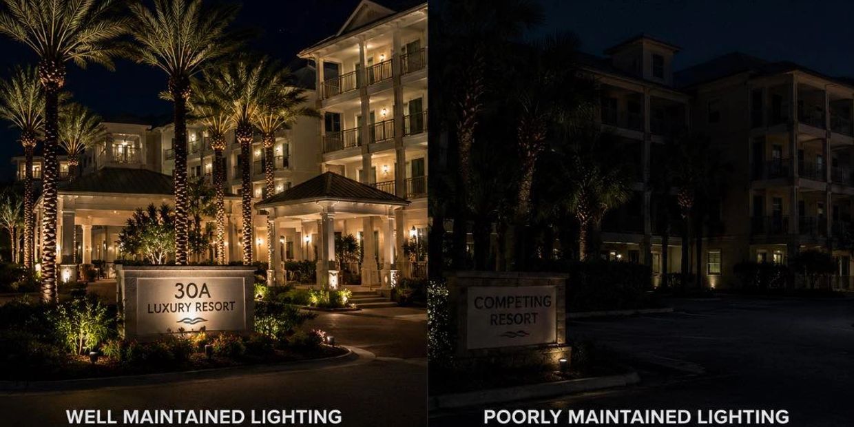 Comparison of resort lighting: well-maintained vs poorly maintained at night.
