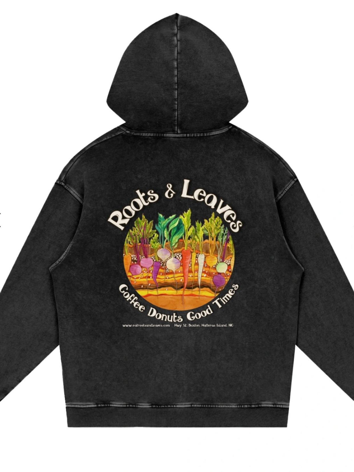 Black hoodie with Roots and Leaves colorful logo 
