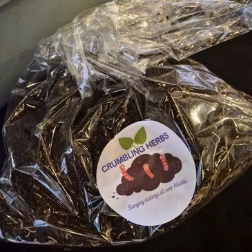 Bag of Crumbling Herbs with a label sealing the plastic wrap.