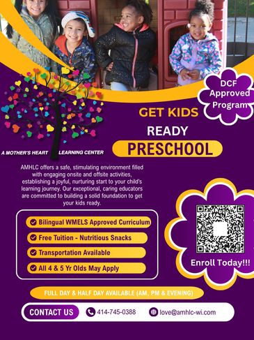 Colorful preschool flyer featuring happy children and program benefits.