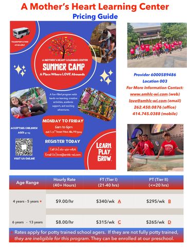 A Mother's Heart Learning Center summer camp pricing guide with photos of children and activities.