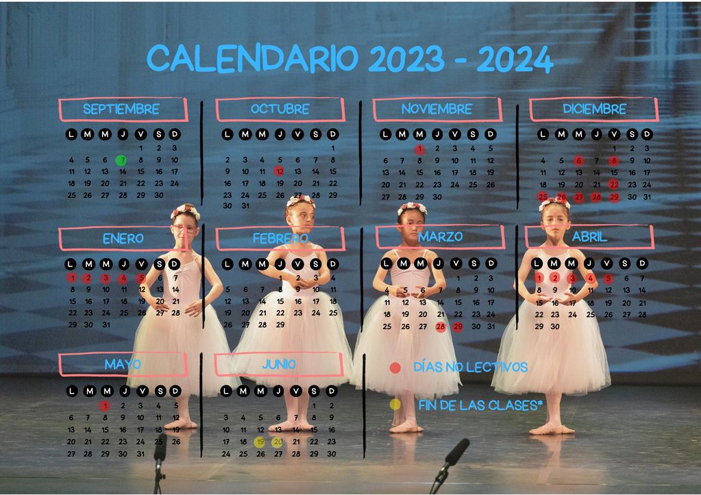 Calendario de la escuela de teatro y danza Ángel martínez, curso 2023/2024