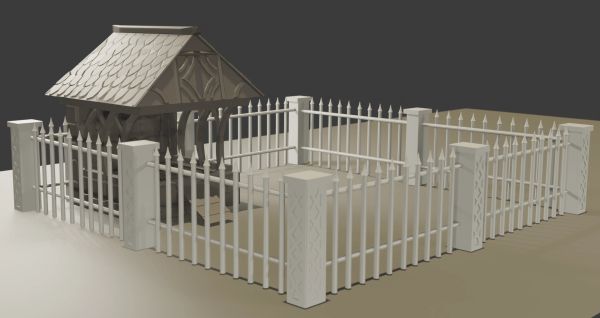 Ornate wooden well with a decorative metal fence.